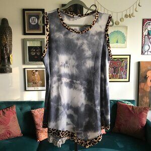 WHITE BIRCH size XL Slare Blue Tie Dye Waffle Knit Asymmetric Top Leopard Print